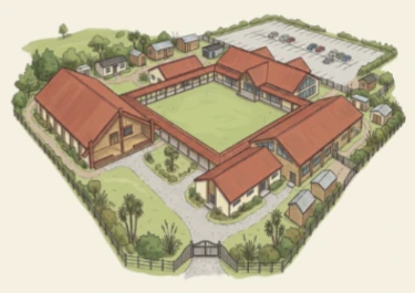 Illustration of a large marae complex: several buildings around a courtyard, with a car park.