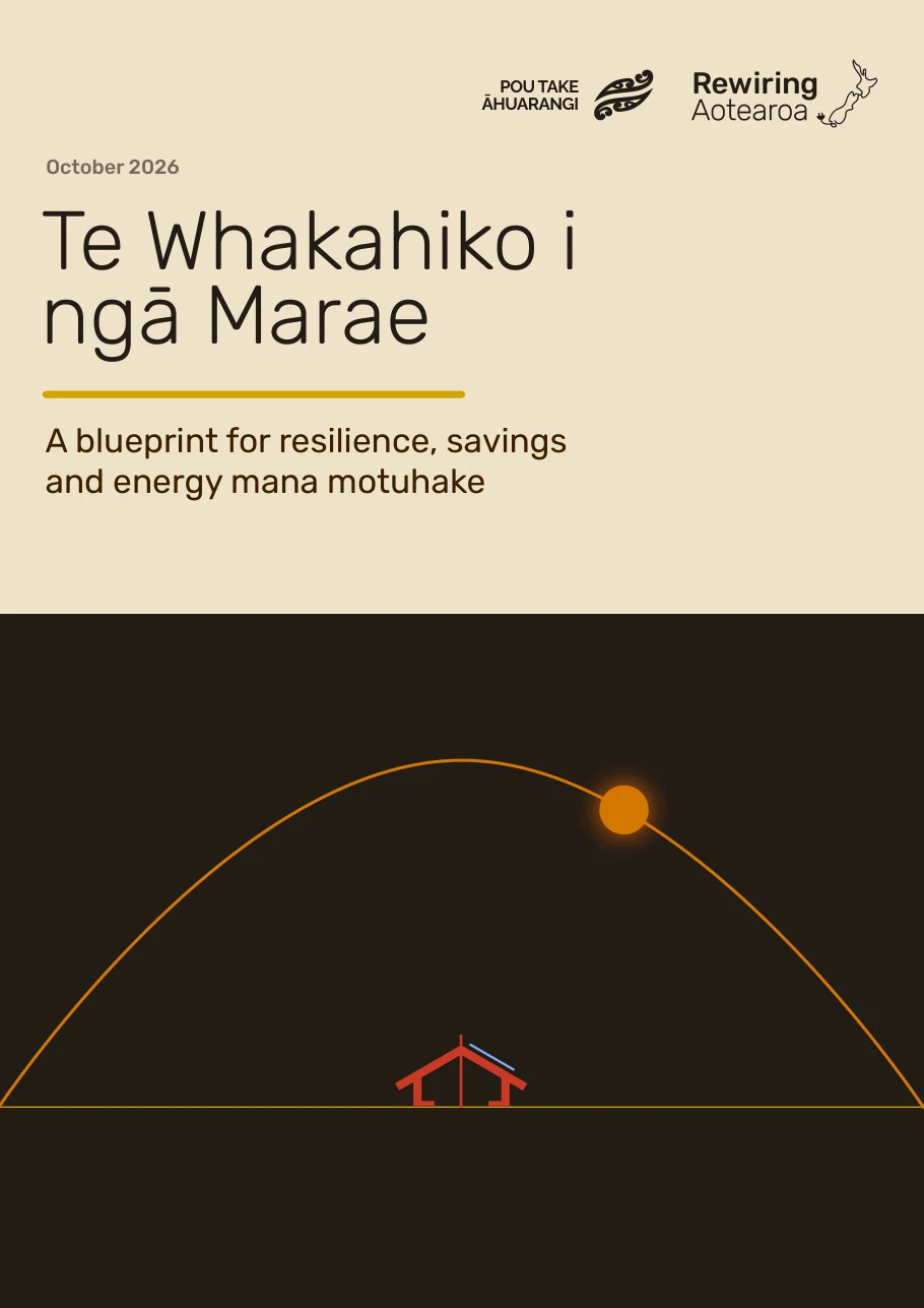 Cover of Te Whakahiko i ngā Marae: A blueprint for resilience, savings and energy mana motuhake, October 2026, from Te Pou Take Āhuarangi and Rewiring Aotearoa.