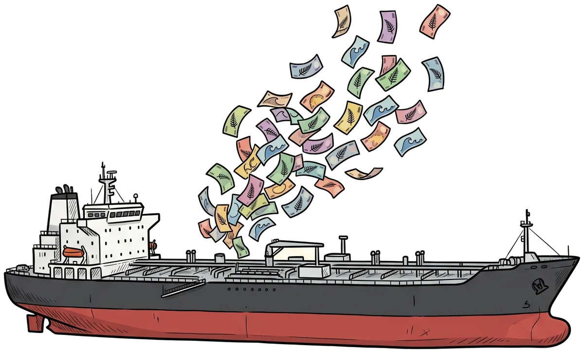 Hand-drawn oil tanker steaming away with a cloud of banknotes streaming from its funnel.