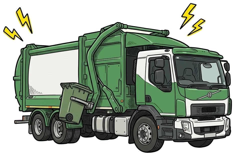 Hand-drawn electric council rubbish truck with a wheelie bin on its lift.