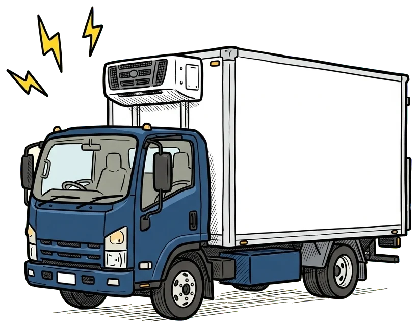 Hand-drawn electric refrigerated delivery truck of the kind that stocks supermarkets.