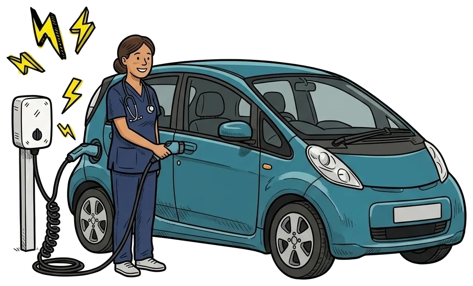 Hand-drawn nurse in scrubs plugging her electric car into a home charger.