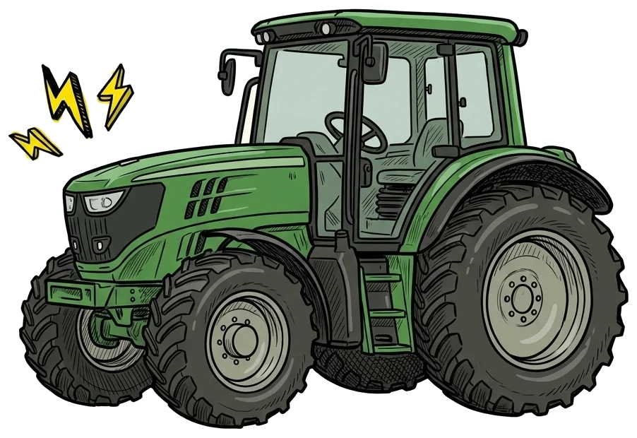 Hand-drawn green electric tractor.