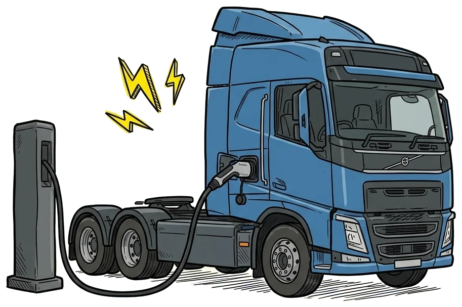 Hand-drawn electric truck plugged into a heavy-vehicle charger.