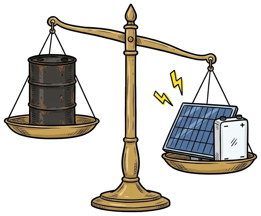 Hand-drawn balance scales: an oil drum on one pan, a solar panel and battery on the other.
