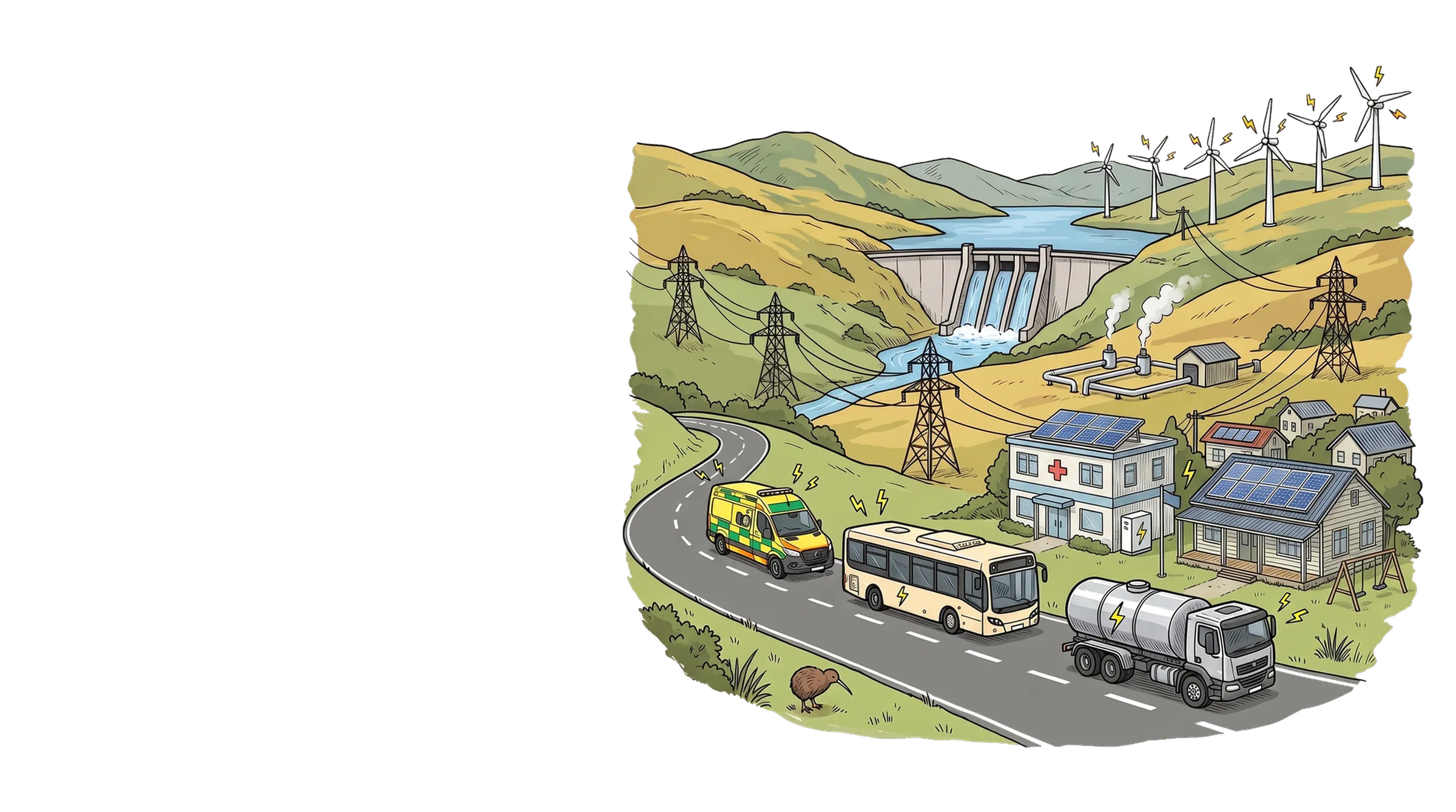 Hand-drawn New Zealand valley running on its own power: wind turbines on the ridge, a hydro dam and geothermal plant, pylons carrying the power to a hospital, a school and houses with solar roofs, and an electric ambulance, bus and milk tanker on the road, with a kiwi at the roadside.